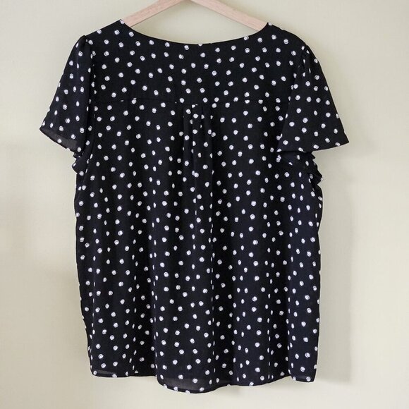 ELLE Top Women XL Black White Polka Dot Pull On Semi Sheer Flowy Flutter SS Boho - Picture 13 of 13